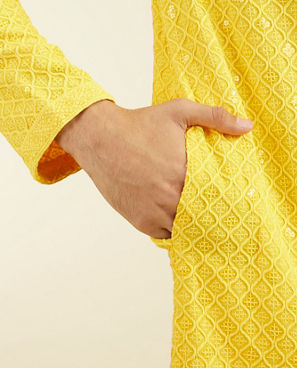 Diwas Men Sunshine Yellow Chikankari Kurta With Sequins