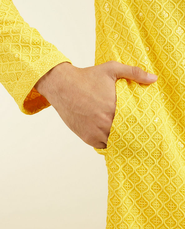 alt message - Diwas Men Sunshine Yellow Chikankari Kurta With Sequins image number 3