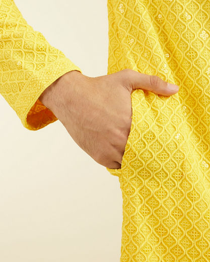 Diwas Men Sunshine Yellow Chikankari Kurta With Sequins