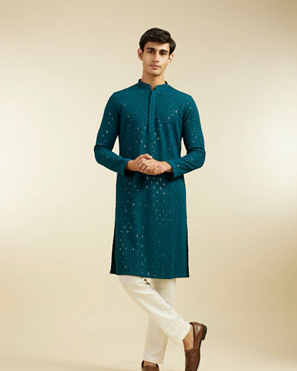 Diwas Men Teal Green Chikankari Kurta With Sequins
