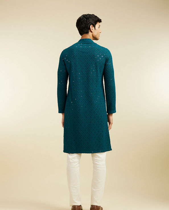 alt message - Diwas Men Teal Green Chikankari Kurta With Sequins image number 4