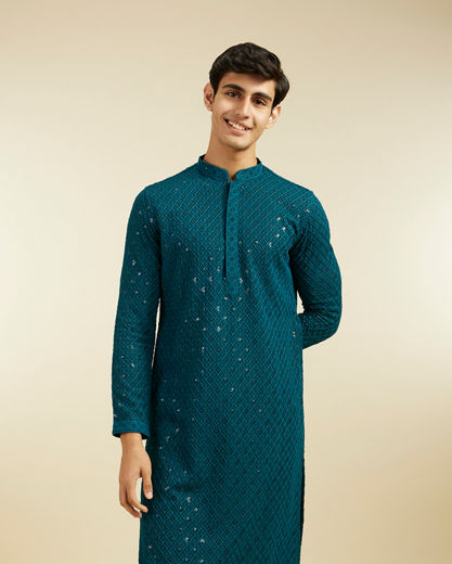 Diwas Men Teal Green Chikankari Kurta With Sequins