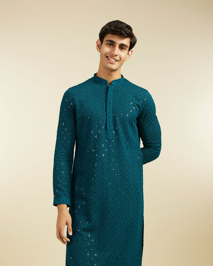 alt message - Diwas Men Teal Green Chikankari Kurta With Sequins image number 0