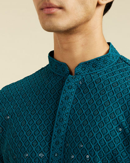 Diwas Men Teal Green Chikankari Kurta With Sequins