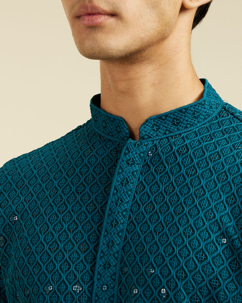 alt message - Diwas Men Teal Green Chikankari Kurta With Sequins image number 1