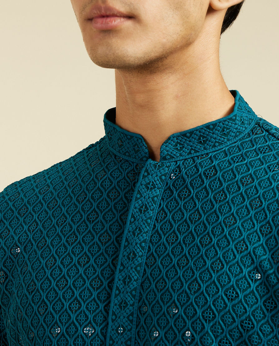 Diwas Men Teal Green Chikankari Kurta With Sequins