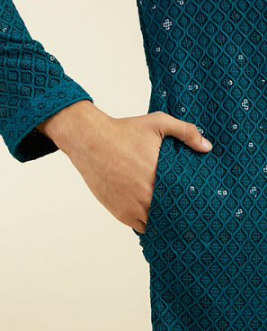 Diwas Men Teal Green Chikankari Kurta With Sequins