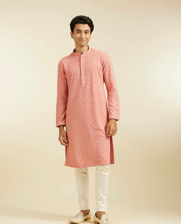 alt message - Diwas Men Coral Peach Chikankari Kurta With Sequins image number 2