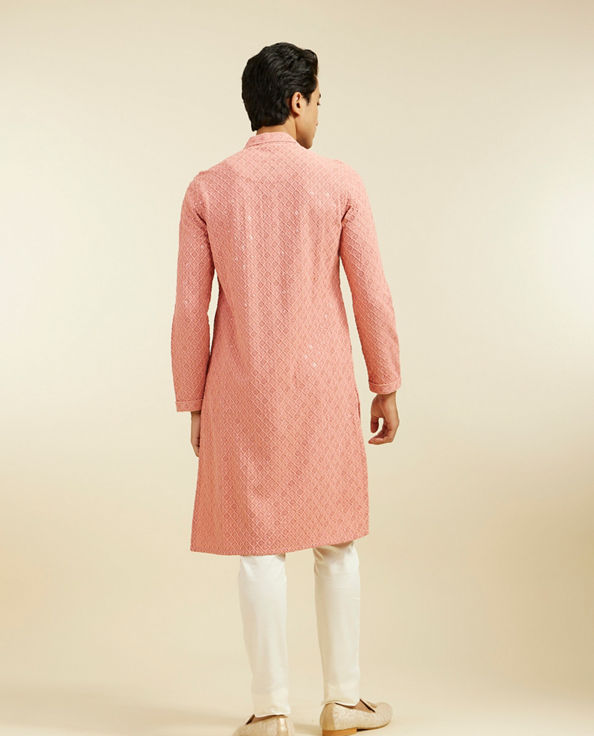 alt message - Diwas Men Coral Peach Chikankari Kurta With Sequins image number 4