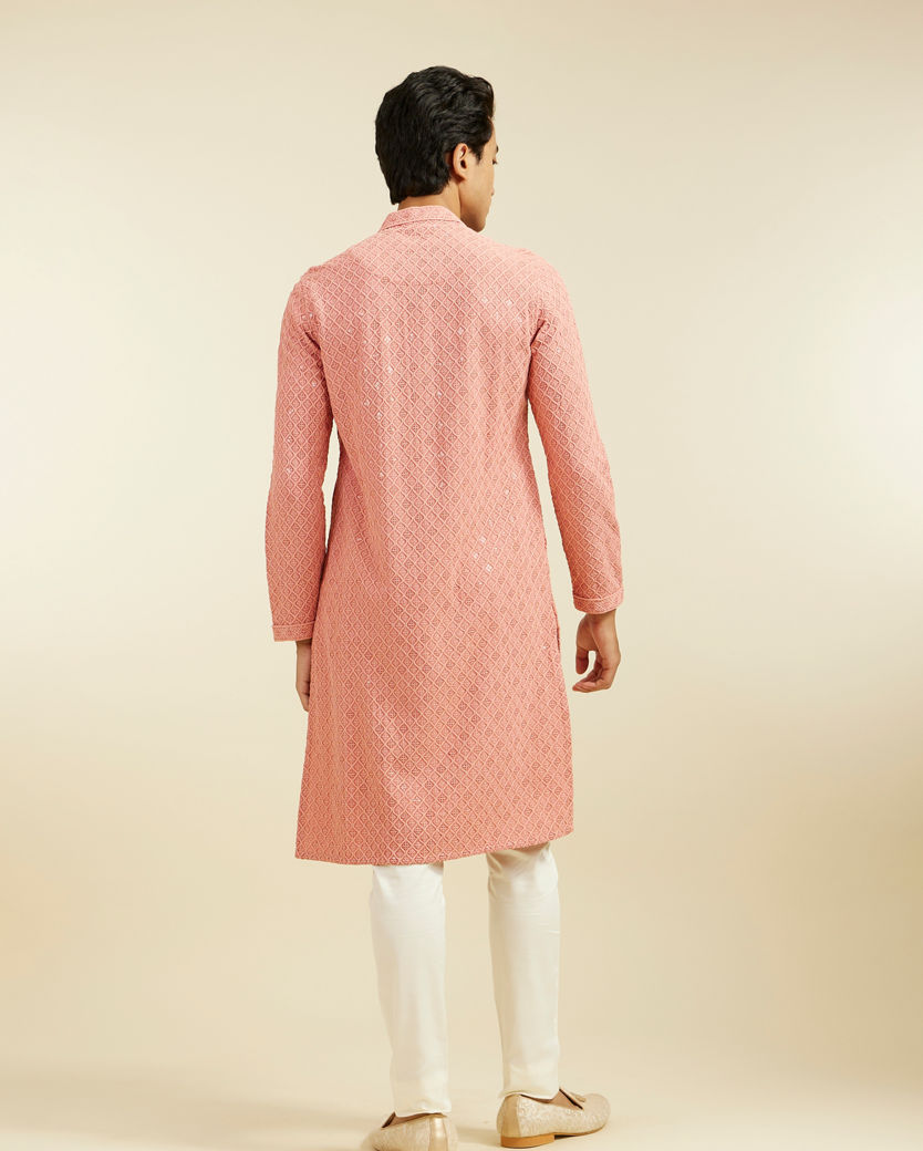 alt message - Diwas Men Coral Peach Chikankari Kurta With Sequins image number 4