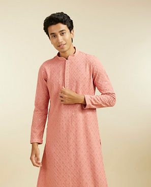 Diwas Men Coral Peach Chikankari Kurta With Sequins