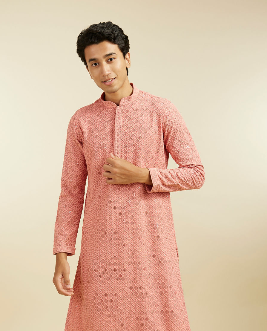 Diwas Men Coral Peach Chikankari Kurta With Sequins