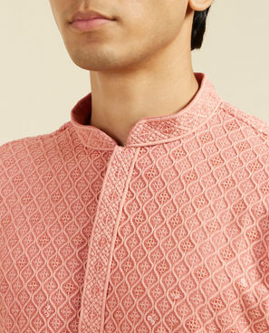 Diwas Men Coral Peach Chikankari Kurta With Sequins