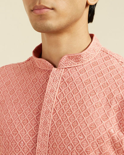 Diwas Men Coral Peach Chikankari Kurta With Sequins