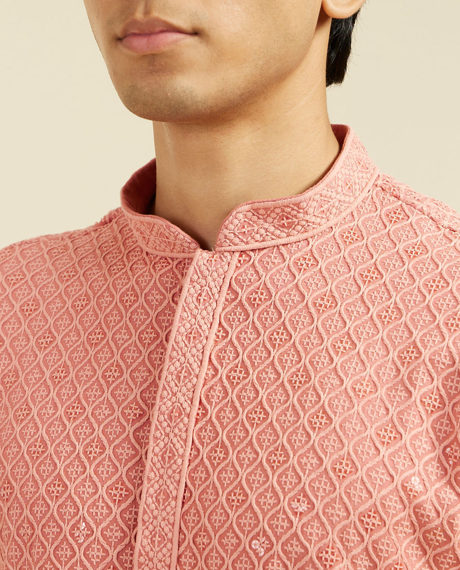 Diwas Men Coral Peach Chikankari Kurta With Sequins