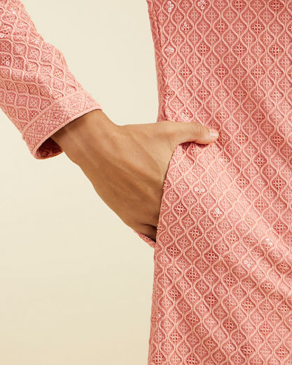 Diwas Men Coral Peach Chikankari Kurta With Sequins