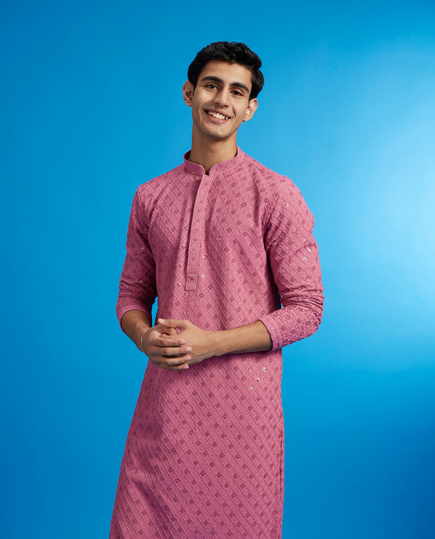Diwas Men Dusty Pink Chikankari Kurta With Sequins