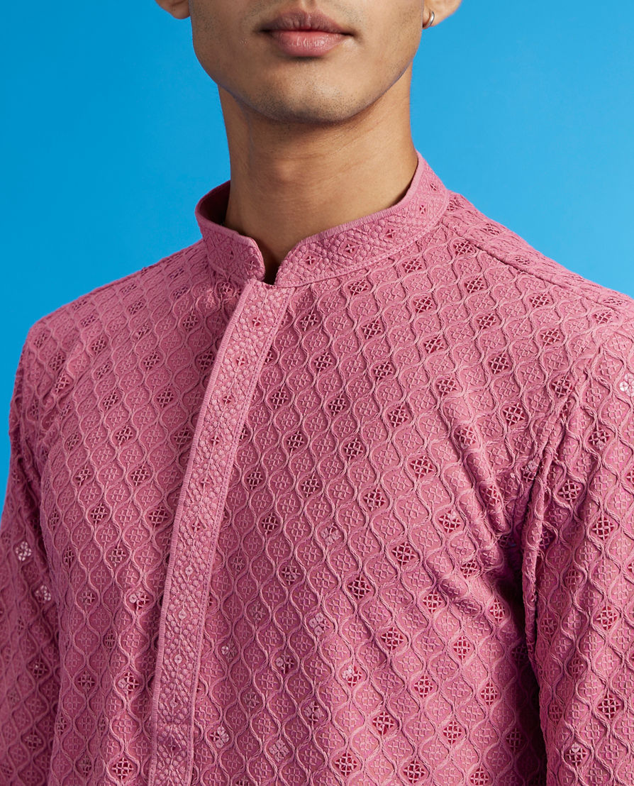 Diwas Men Dusty Pink Chikankari Kurta With Sequins