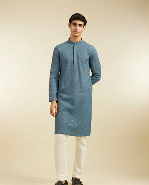 Diwas Men Oxford Blue Chikankari Kurta With Sequins