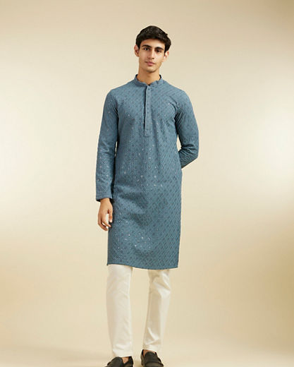 Diwas Men Oxford Blue Chikankari Kurta With Sequins