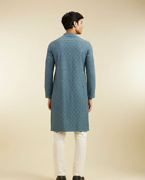 Diwas Men Oxford Blue Chikankari Kurta With Sequins