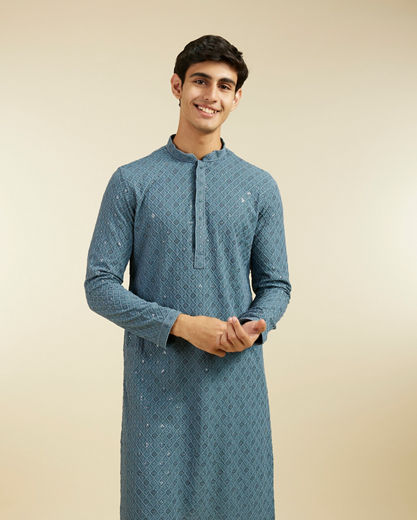 Diwas Men Oxford Blue Chikankari Kurta With Sequins