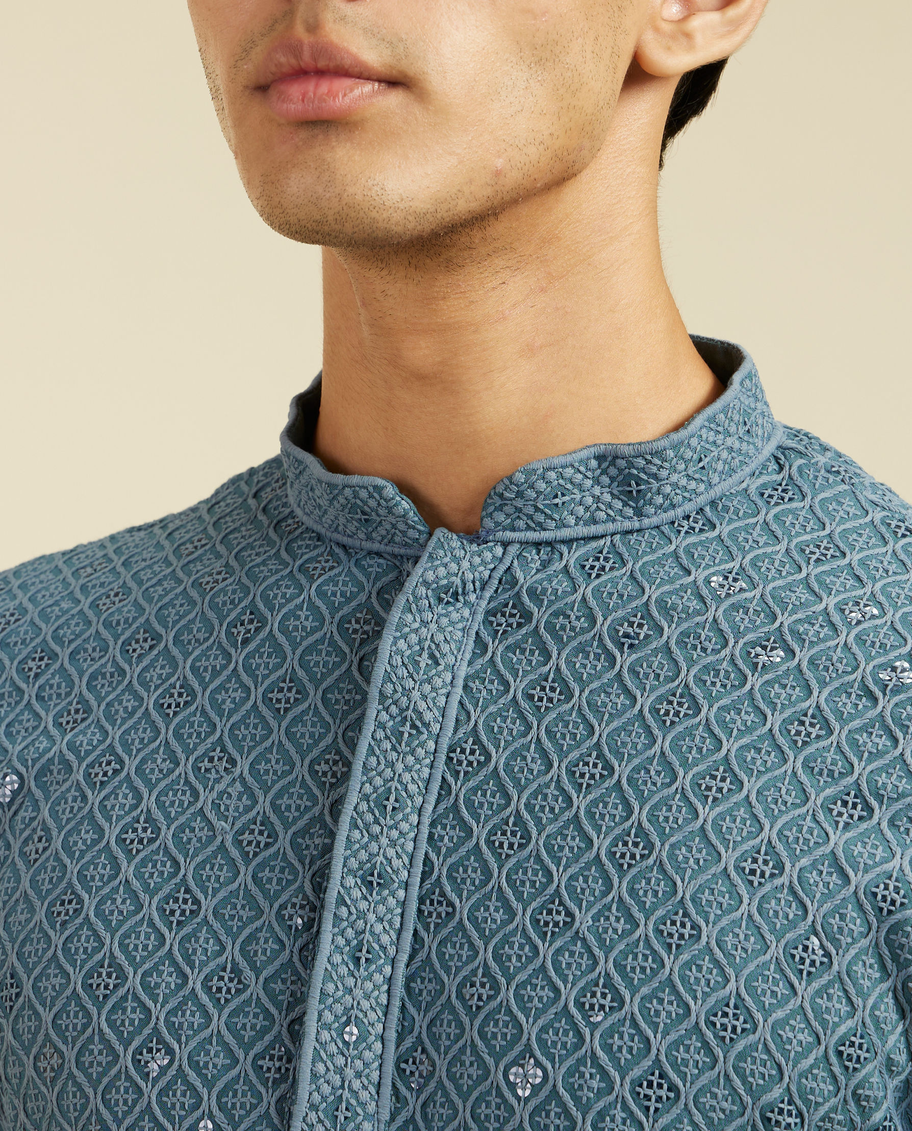 Diwas Men Oxford Blue Chikankari Kurta With Sequins