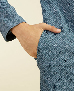 Diwas Men Oxford Blue Chikankari Kurta With Sequins