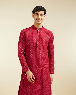Diwas Men Maroon Red Chikankari Sequinned Kurta