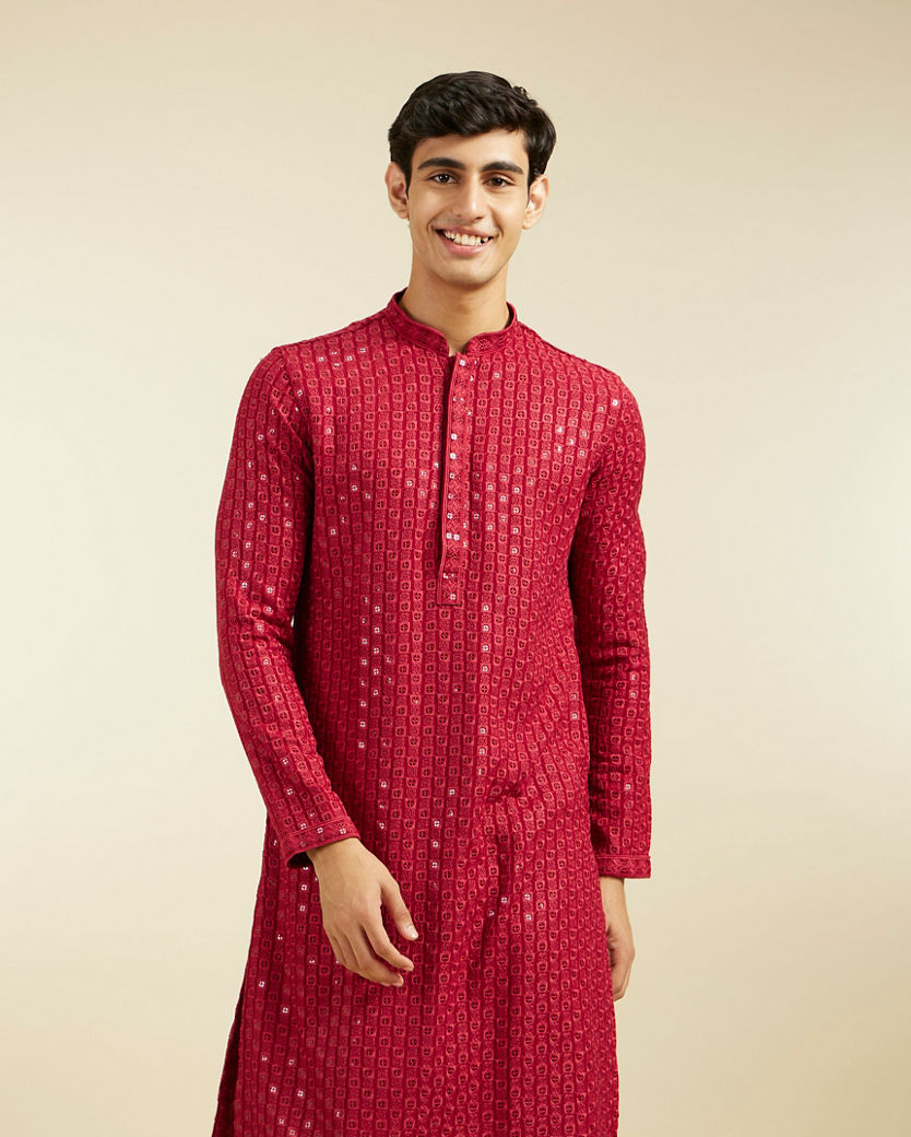 Diwas Men Maroon Red Chikankari Sequinned Kurta