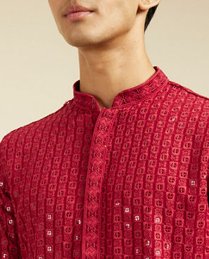 Diwas Men Maroon Red Chikankari Sequinned Kurta
