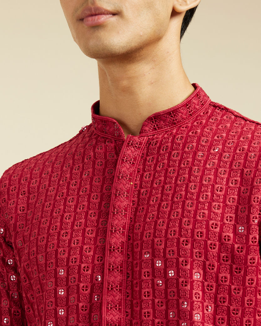 alt message - Diwas Men Maroon Red Chikankari Sequinned Kurta image number 1