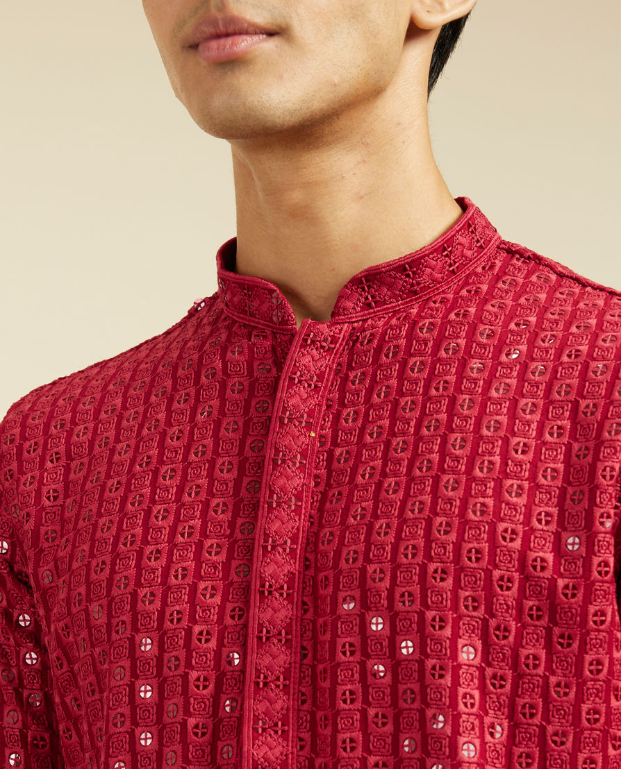 Diwas Men Maroon Red Chikankari Sequinned Kurta