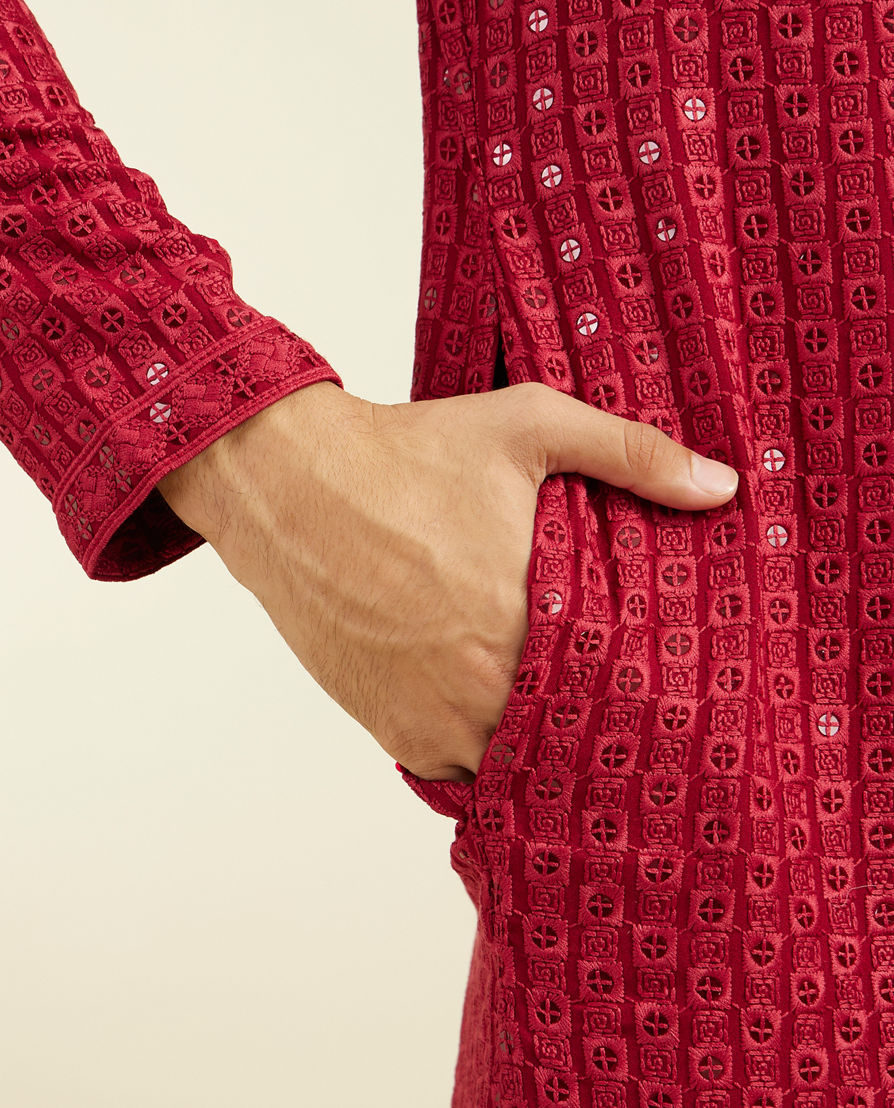 Diwas Men Maroon Red Chikankari Sequinned Kurta