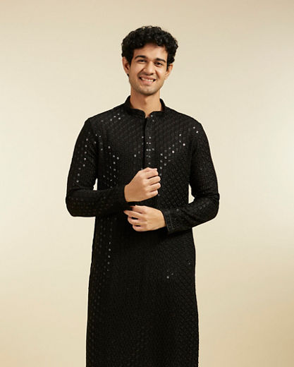 Diwas Men Ebony Black Chikankari Sequinned Kurta