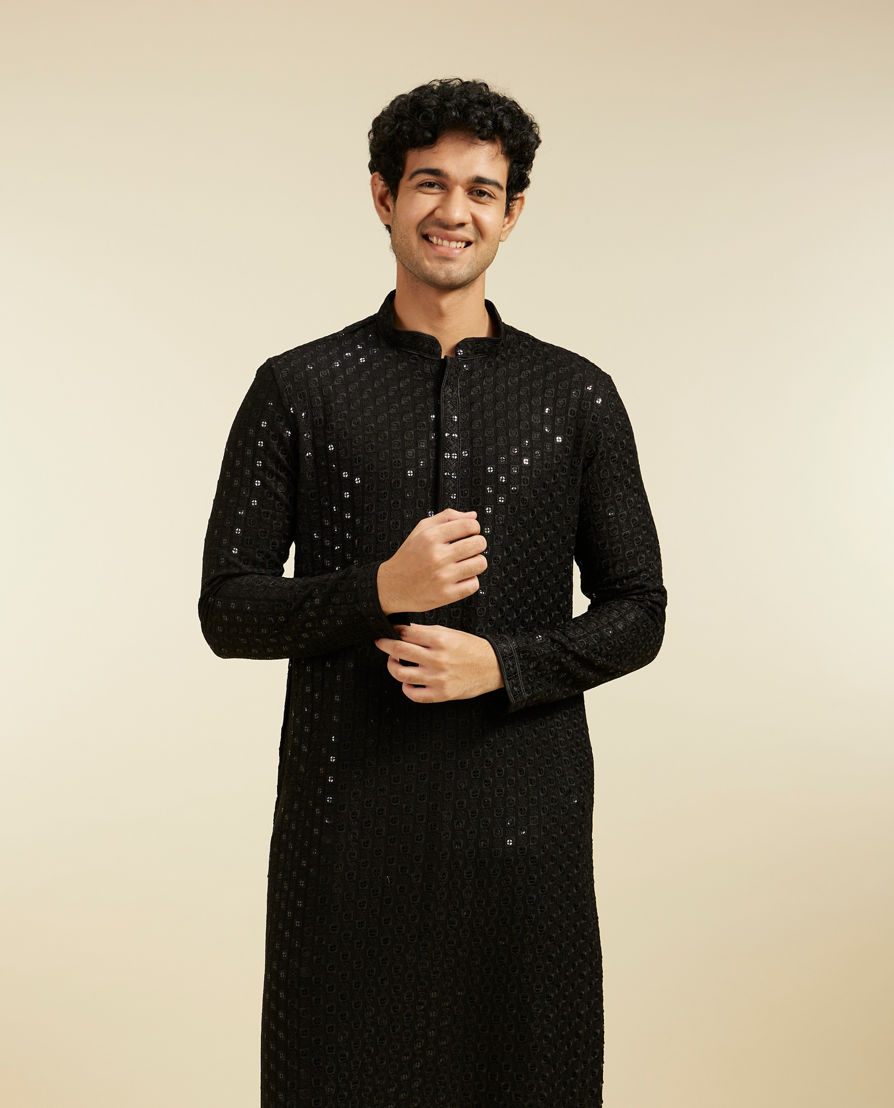 Diwas Men Ebony Black Chikankari Sequinned Kurta
