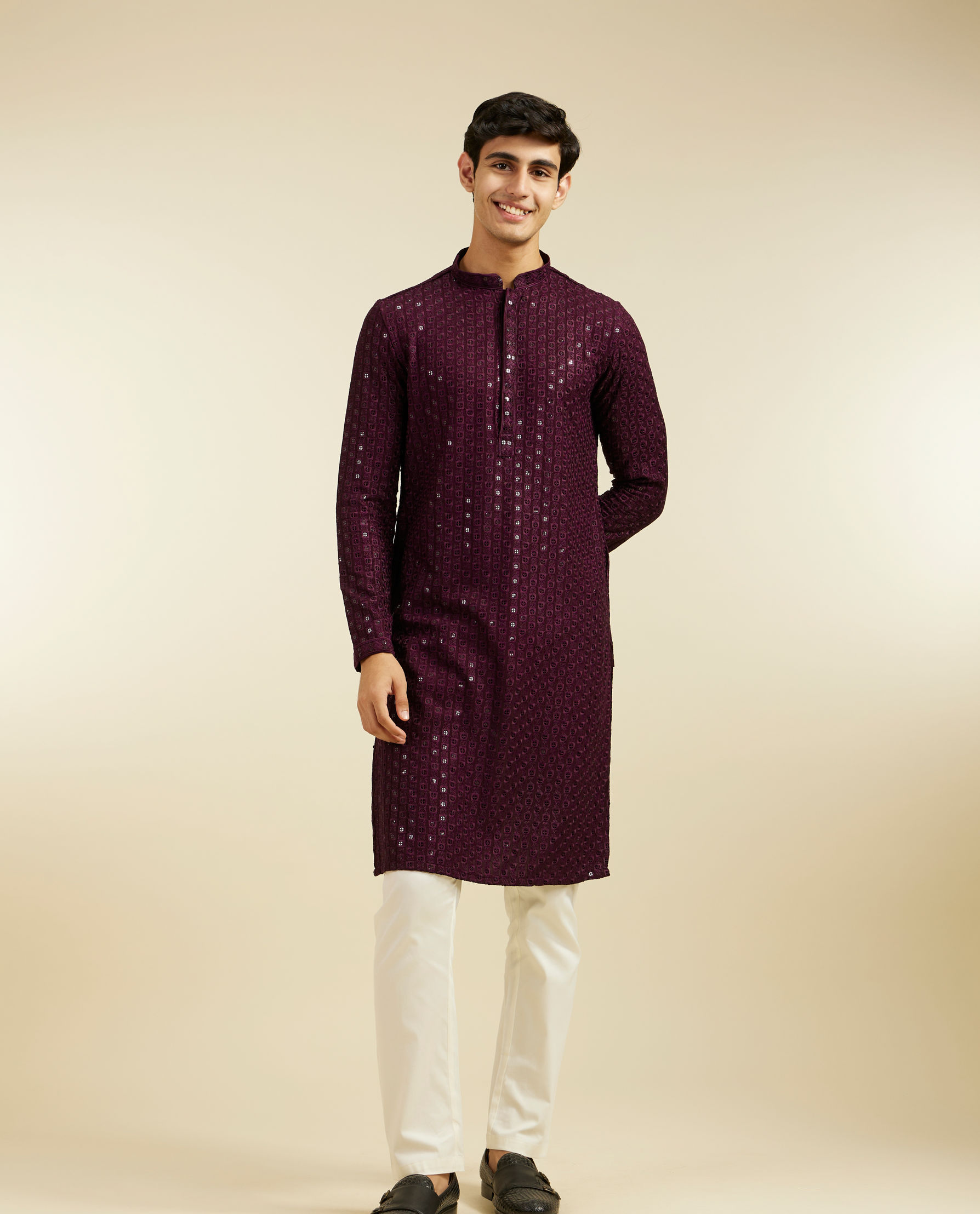 alt message - Diwas Men Royal Purple Chikankari Sequinned Kurta image number 2