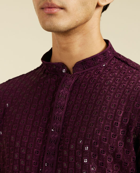 alt message - Diwas Men Royal Purple Chikankari Sequinned Kurta image number 1