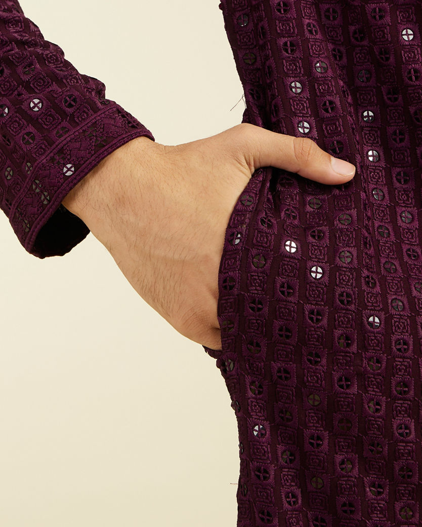 alt message - Diwas Men Royal Purple Chikankari Sequinned Kurta image number 3