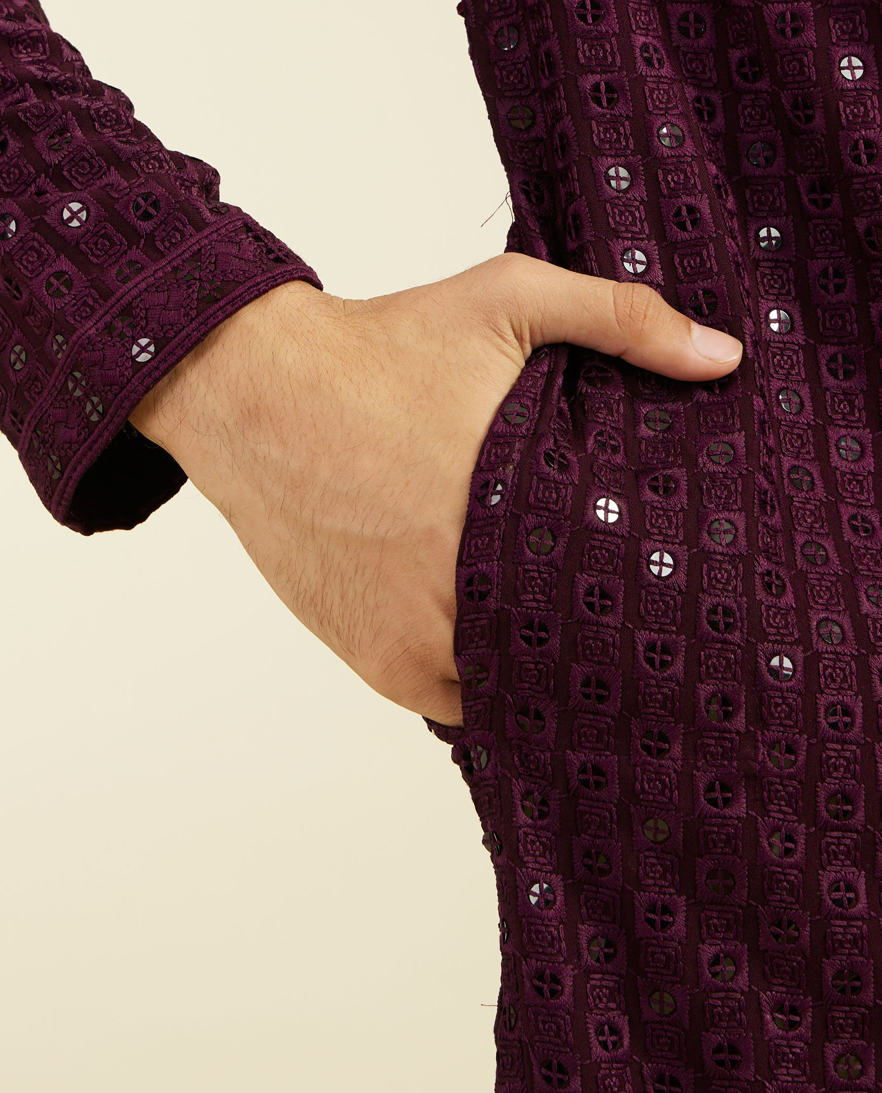 alt message - Diwas Men Royal Purple Chikankari Sequinned Kurta image number 3