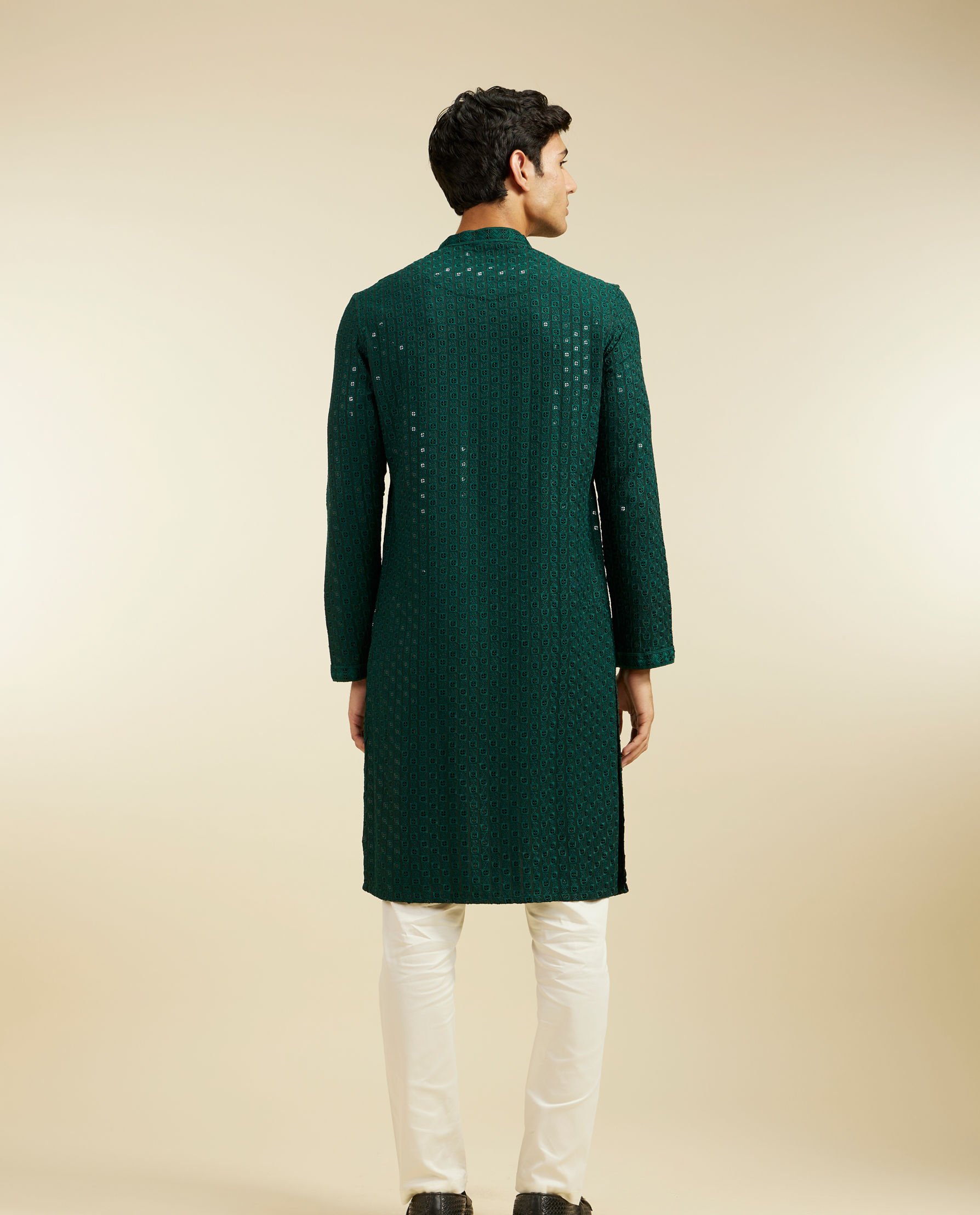 alt message - Diwas Men Bottle Green Chikankari Sequinned Kurta image number 4