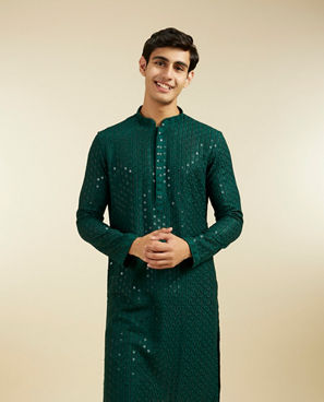 Diwas Men Bottle Green Chikankari Sequinned Kurta