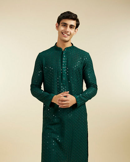 Diwas Men Bottle Green Chikankari Sequinned Kurta