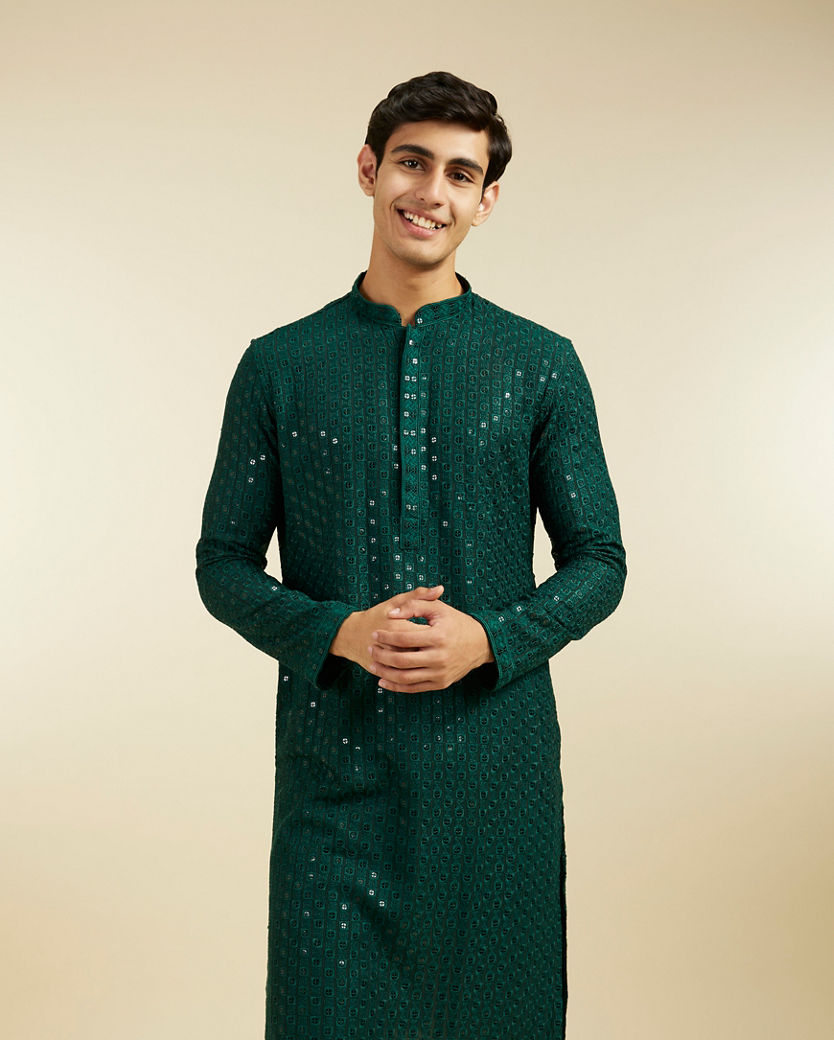 alt message - Diwas Men Bottle Green Chikankari Sequinned Kurta image number 0