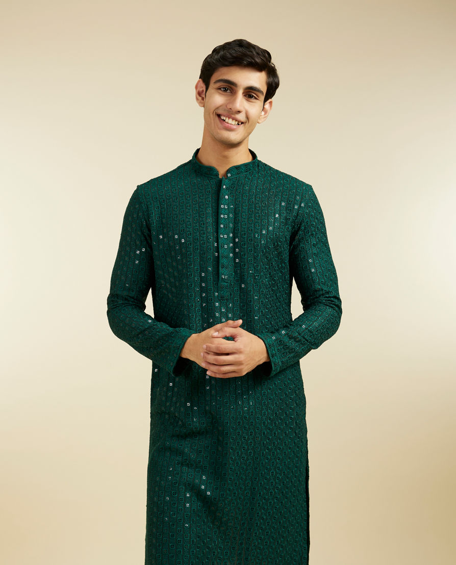 Diwas Men Bottle Green Chikankari Sequinned Kurta