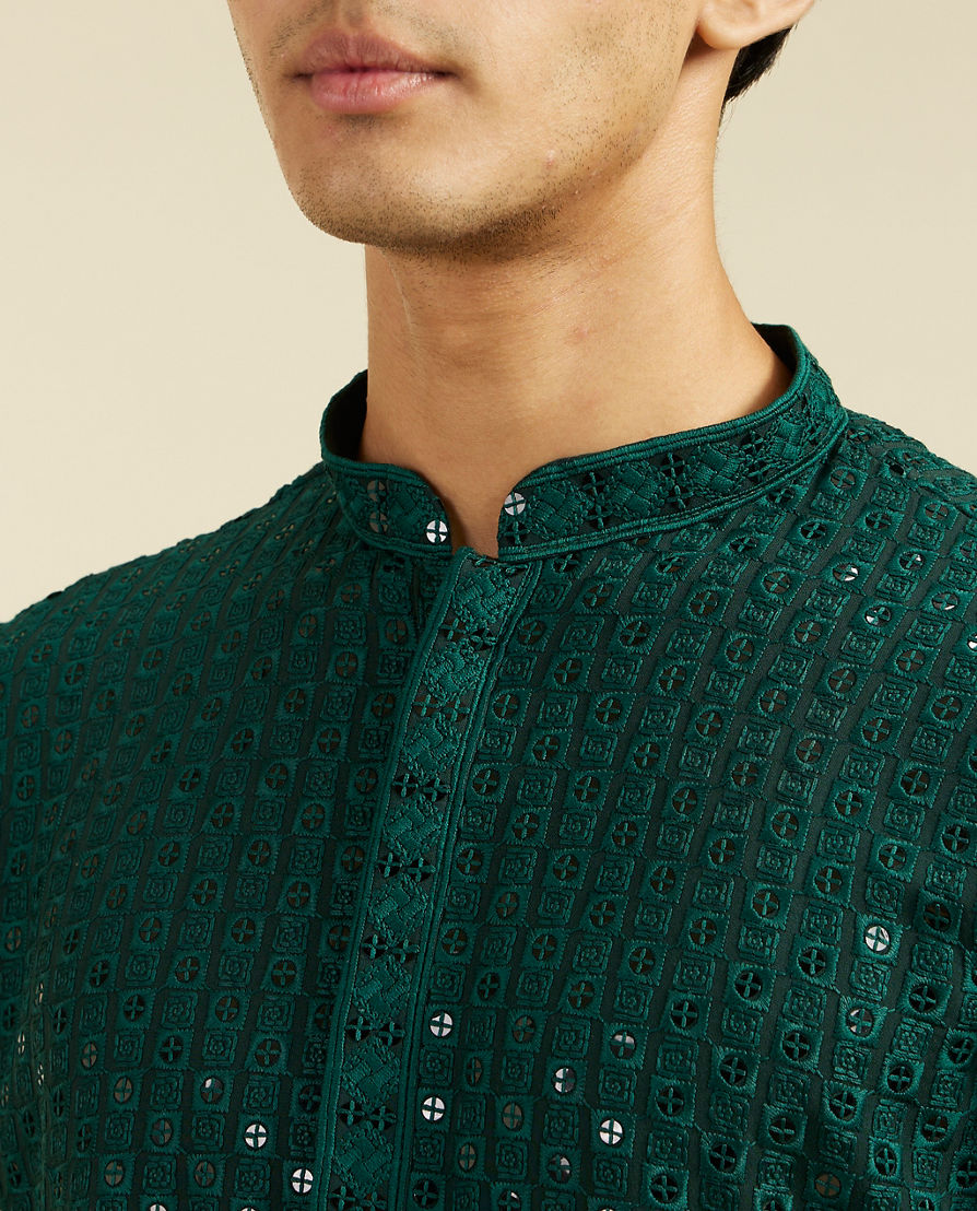 Diwas Men Bottle Green Chikankari Sequinned Kurta