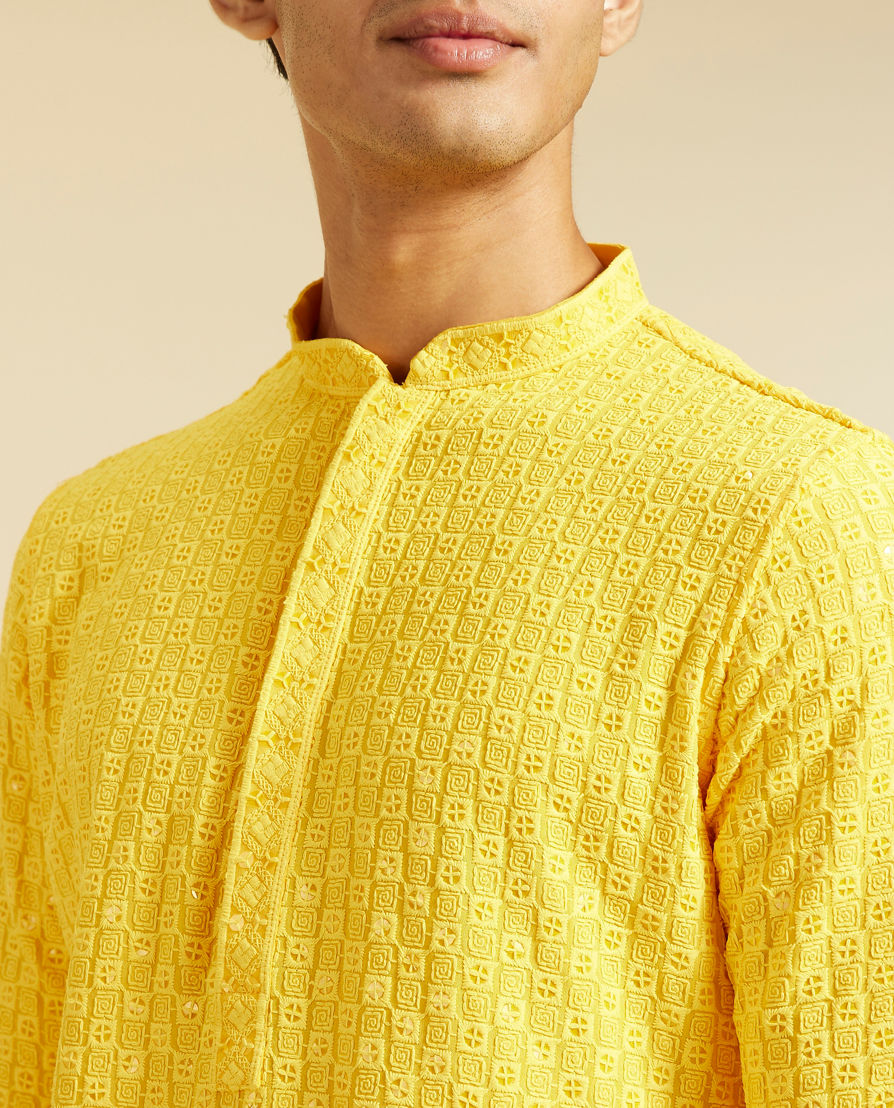 Diwas Men Sunshine Yellow Chikankari Sequinned Kurta