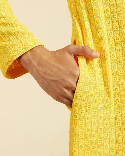 Diwas Men Sunshine Yellow Chikankari Sequinned Kurta