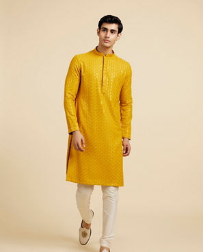Diwas Men Mustard Yellow Chikankari Sequinned Kurta