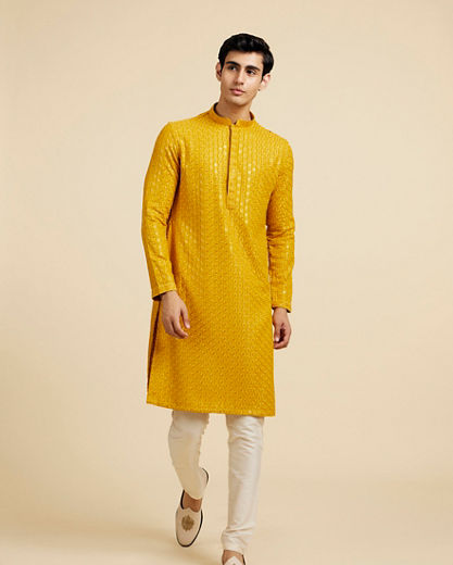 Diwas Men Mustard Yellow Chikankari Sequinned Kurta